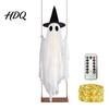 Gruseliger LED-Geist für den Garten Leuchtende Halloween-Hängeschaukel mit Hexenhut, Fernbedienung Einstellbar Langlebige Stoffdekoration Helligkeit, Fliegend