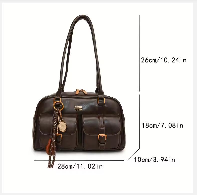 Women's Retro Solid Color Pu Leather Shoulder Bag with Multiple Pockets Large Capacity Comes with a Detachable Accessory Charm