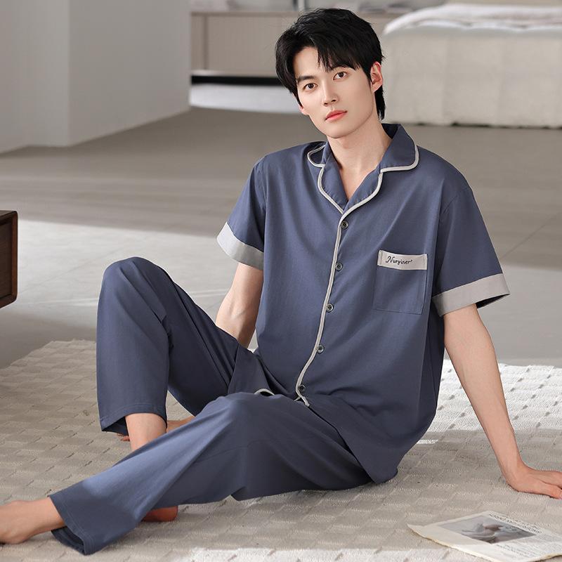 Pure cotton pajamas men's summer lapel short-sleeved trousers 1011 new thin suit men's summer casual loungewear