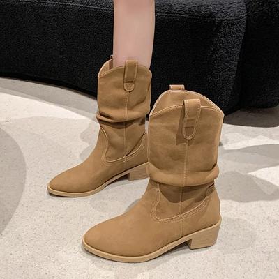 2024 Mode Leer Western Geplooide Dameslaarzen Puntige Neus Kuitlaarzen Dames Nude Suède Instappers Vintage Damesschoenen