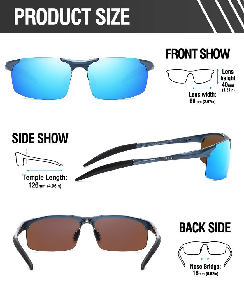 DUCO Polarized Sports Sunglasses with UV400 Made of for and Golf Men's Protection, AL-MG Alloy, Ultra-Lightweight, Driving, Cycling, Fishing, Running,