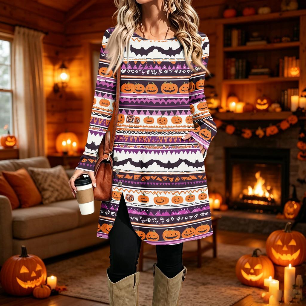 Women's Casual Printed Long Sleeve Round Neck Dress for Everyday Fashion
