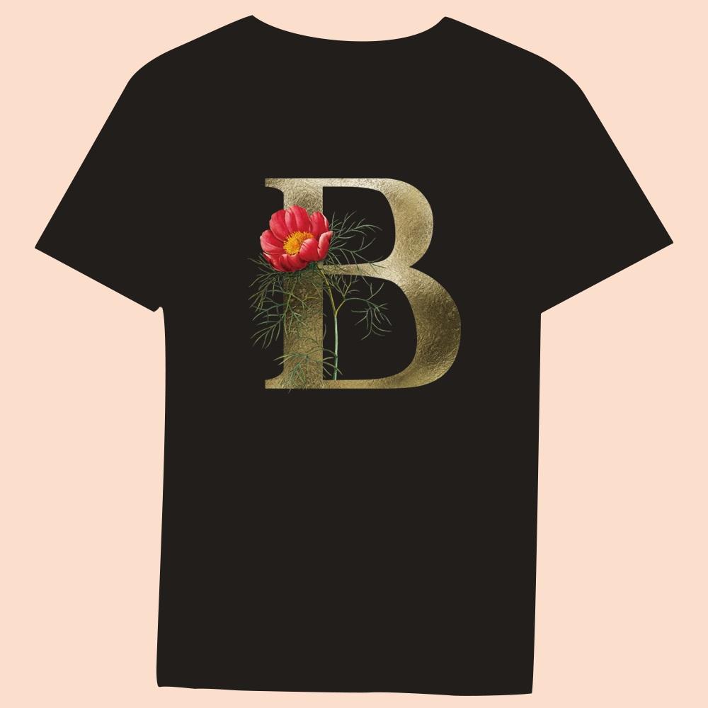 Gold Flower Letter 3D Printing Series Women's Black T-shirt Casual Large Top