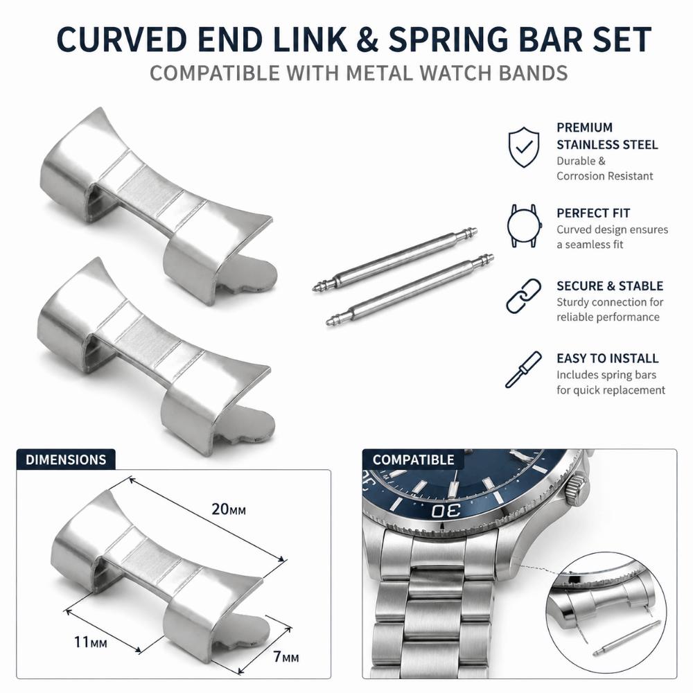Stainless Steel Curved End Link Set Metal Wristband Curved End Bracelet Adapter Watch Accessories
