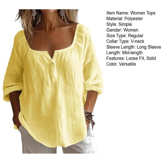 Damen Oberteile V-Ausschnitt Langarm Locker Geschnittene Bluse Einfarbig Dehnbares Halsband Tops Arbeit Party Date Kleidung