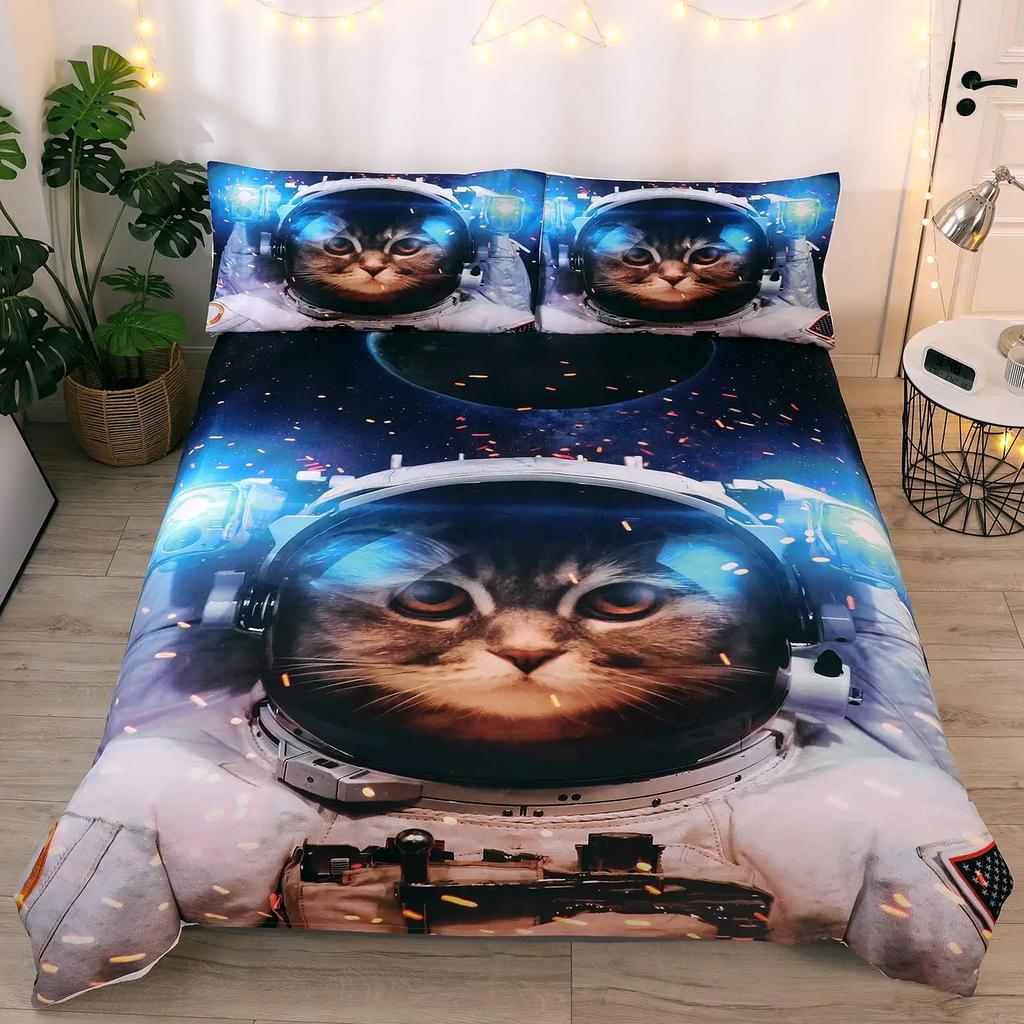 Galaxy Cat Duvet Cover Universe Galaxy for Kids Boy Girl Cute Kitten Printed Outer Space Planets Quilt Cover Bedroom Decorations