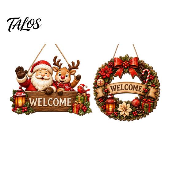 Holiday Hanging Signs Wooden Christmas Door Wreath for Front Door, Vintage Merry Welcome Sign, Rustic Farmhouse Decor 2D Flat Hanger Indoor