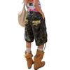 Men Women Loose Fit Cargo Shorts With Camo Print Drawstring Waist Denim Mid-Thigh Pants Casual Wear