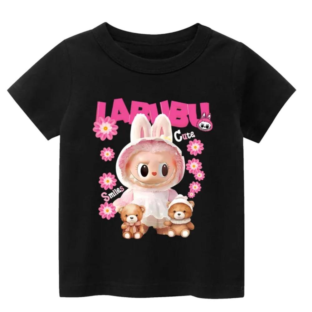 

2025 New Children s T-shirt with Teddy Bear and LABUBU Printed Round Neck Short Sleeved Casual Girls Top 110
