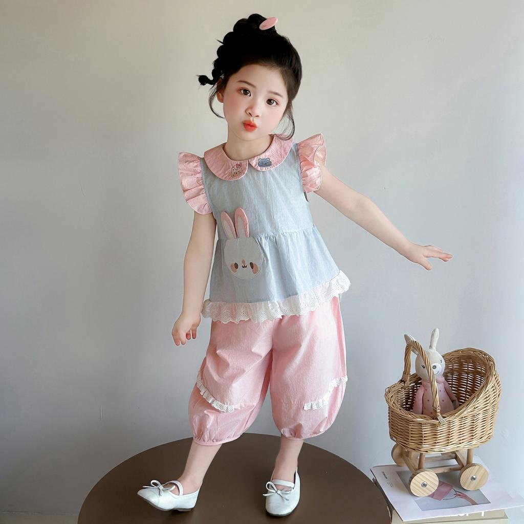 Girl's Summer Cute Rabbit Lace Set 2026 New Style Baby Girl's Elegant Doll Neck Small Flying Sleeve Two Piece Set