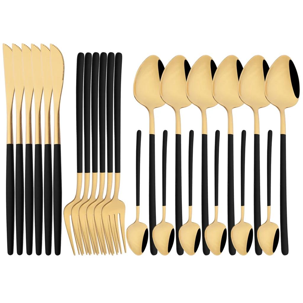 24Pcs Pink Gold Cutlery Set Knife Forks Coffee Spoon Tableware Set Mirror Flatware Stainless Steel Dinnerware Western Silverware