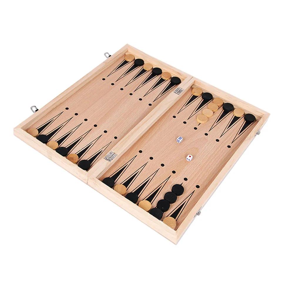 Šachovnice 3 v 1, skládací dřevěná přenosná šachová hrací deska, dřevěná šachovnice pro dospělé(Šachy + dáma a backgammon)