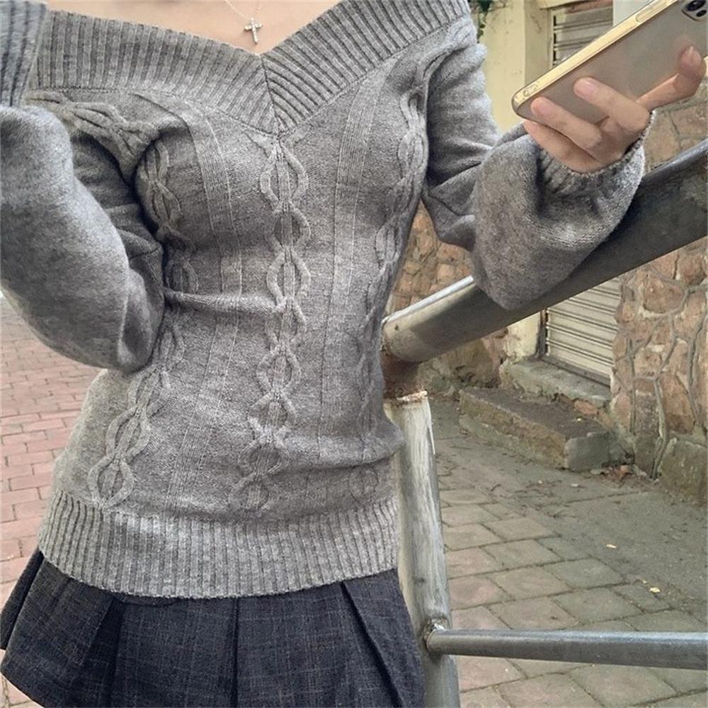 2KWEIRD Fashion Vintage V-neck Knitted Tops Women Early Autumn New Sweaters Pullover Slim Long Sleeve Pullovers Sexy Gray Sweaters