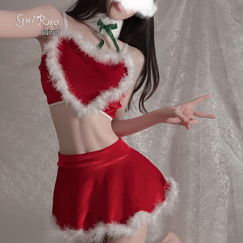 Gorgeous Velvet Heart-Shaped Lingerie & Christmas Costume Bed Set