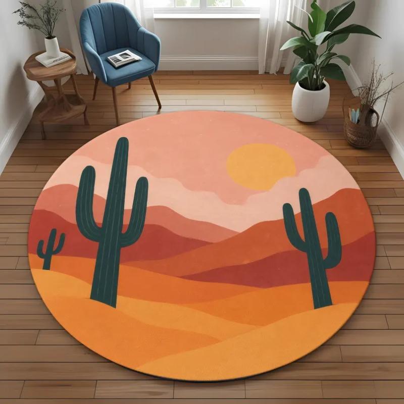 Wüstenlandschaft Runder Teppich Boho Heimdekoration Rutschfester Teppich Kaktus Sonnenuntergang Design Retro Westliches Rundes Matten für Wohnzimmer