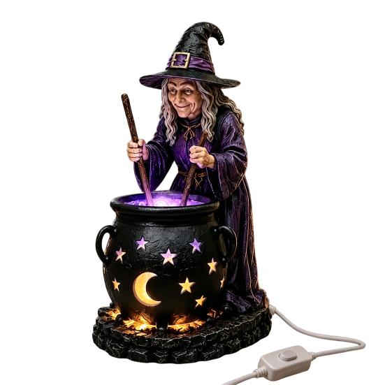 LED Witch Cauldron Light Halloween Statue with Glowing Cauldron, USB Powered Resin Black Lighted Lamp Pot Figurine Green/Purple for Party Home