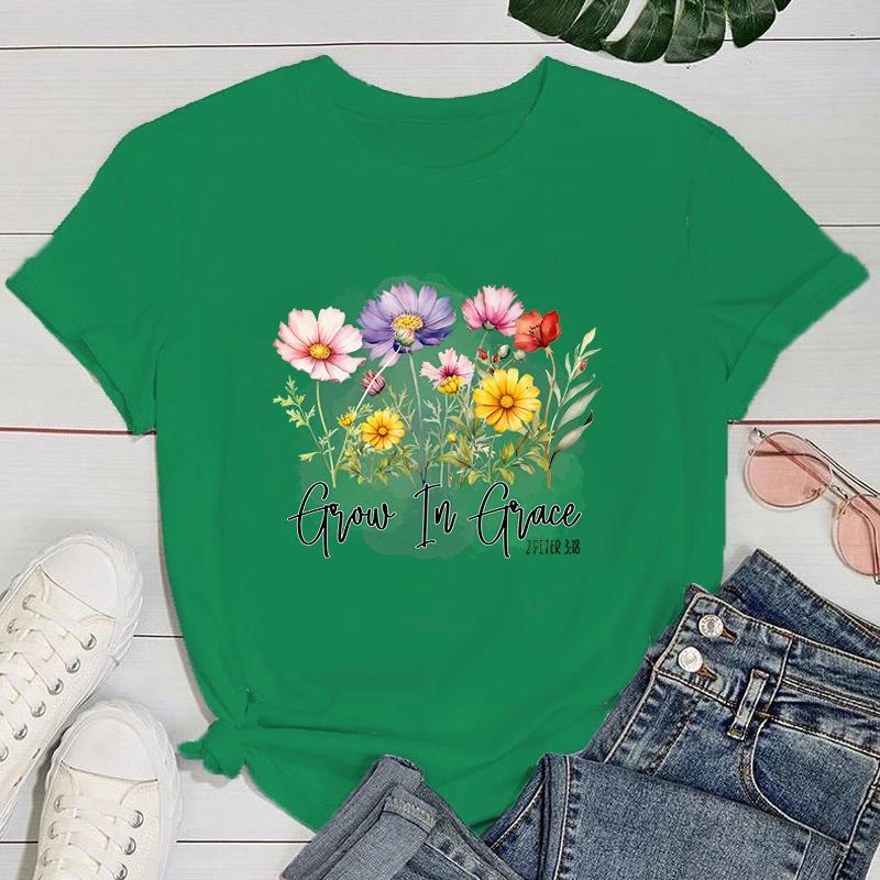 Funny Flowers Grow In Grace Letter Printing T-Shirts For Women Summer Tee Shirt Femme Casual Short Sleeve
