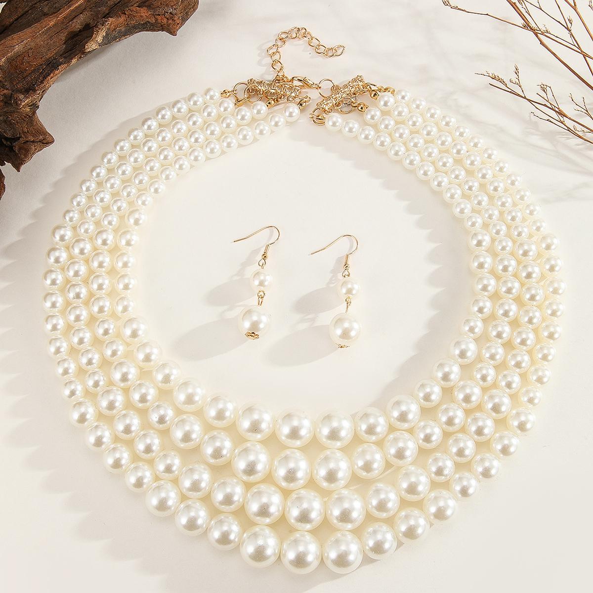 Wedding Jewelry Set Fashion Elegant Multi-layer Handmade Imitation Pearl Beaded Necklace And Earrings Women s Party Accessories белый
