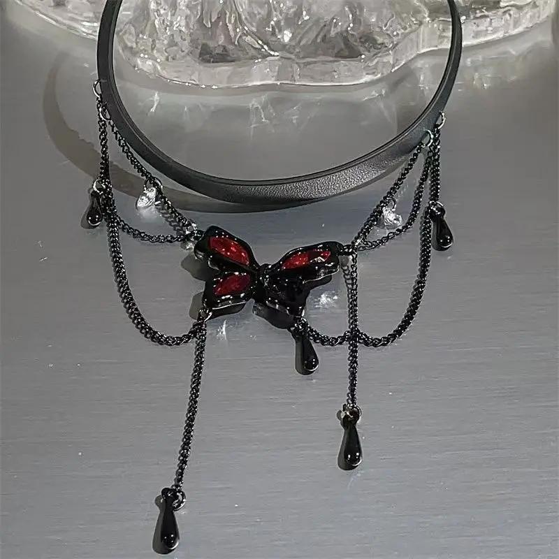 Vintage Blue Red Black Butterfly PU Choker Charms Necklace For Women Girl Gothic Y2K Aesthetic Accessories Grunge Jewelry
