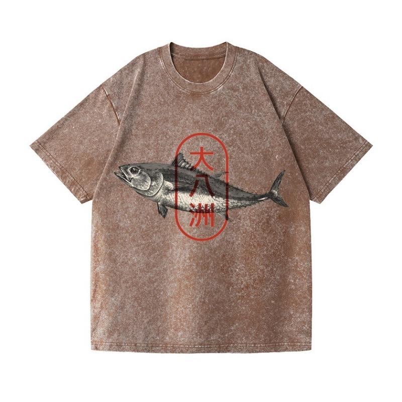 Summer Fashion 100% Cotton Washed Acid T-shirts  Great Eight Islands of Japan Tuna Fish Vintage Wash Japanese Design Tees