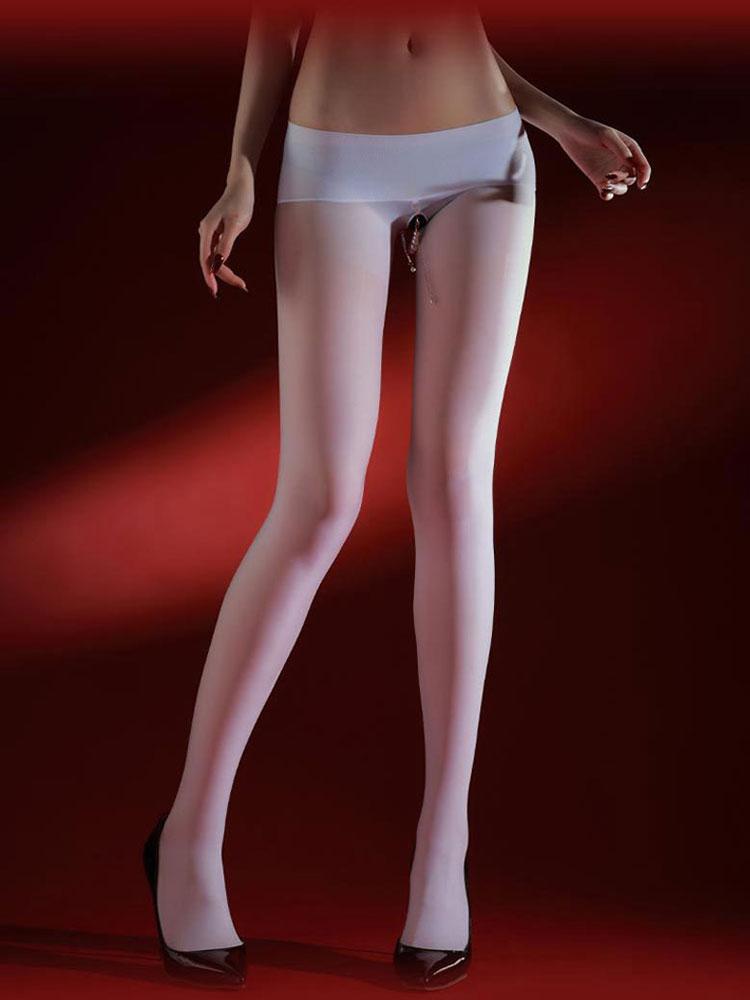 Sexy Pearl Chain Open Crotch Pantyhose Thin Sheer Oil Shiny Elastic Low Waist Tights Vintage Pantyhose Women'S Exotic Lingerie