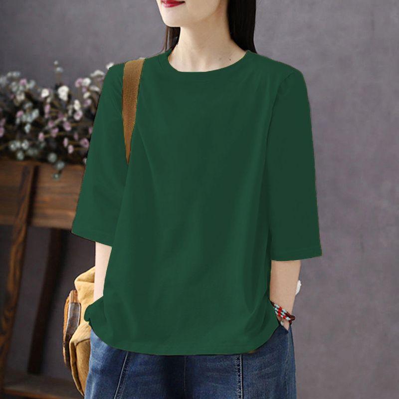 

Trade Clearance Pure Cotton Three-Quarter Sleeve Round Neck Top for Women, New Autumn and Winter Style, Plus Size, Slimming, with Slit Hem, White Top Green M