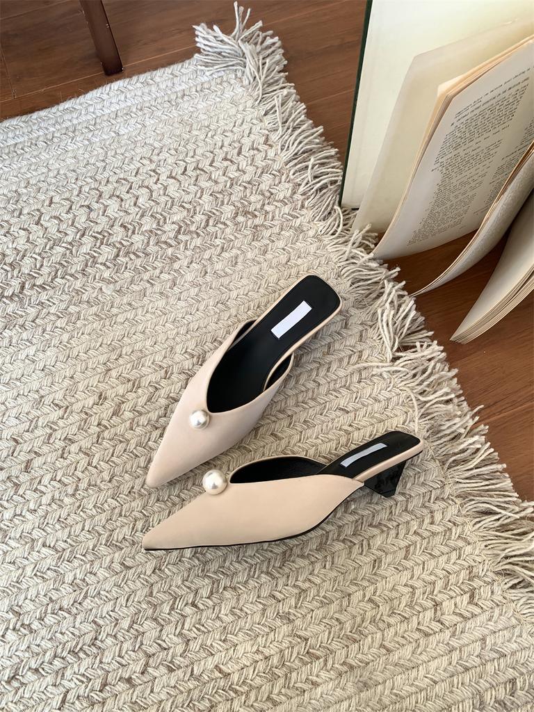 French Pointed Single Shoes Women's 2025 Spring New Bag Head Cool Slippers Empty Thick Heels Women's Shoes Soft Soles Are Not Tired