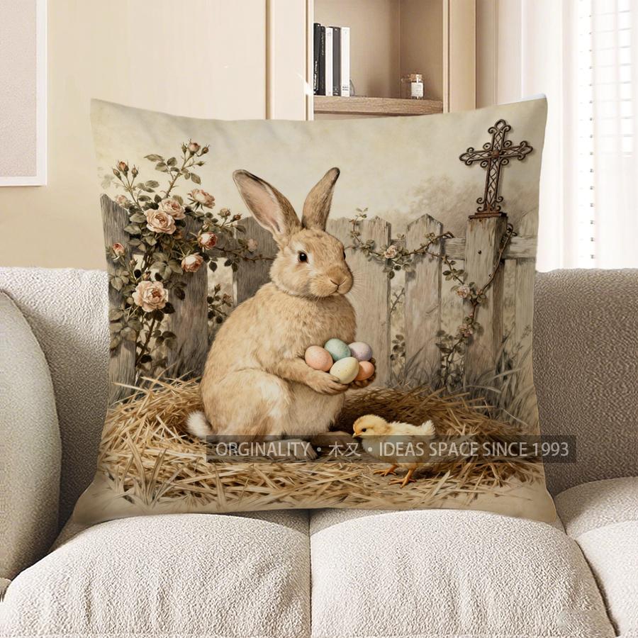 2D Rabbit With Eggs And Cross Easter-Themed Pillow Pattern Cushion Cover Suitable For Sofa Bedroom Car Pillow Cover