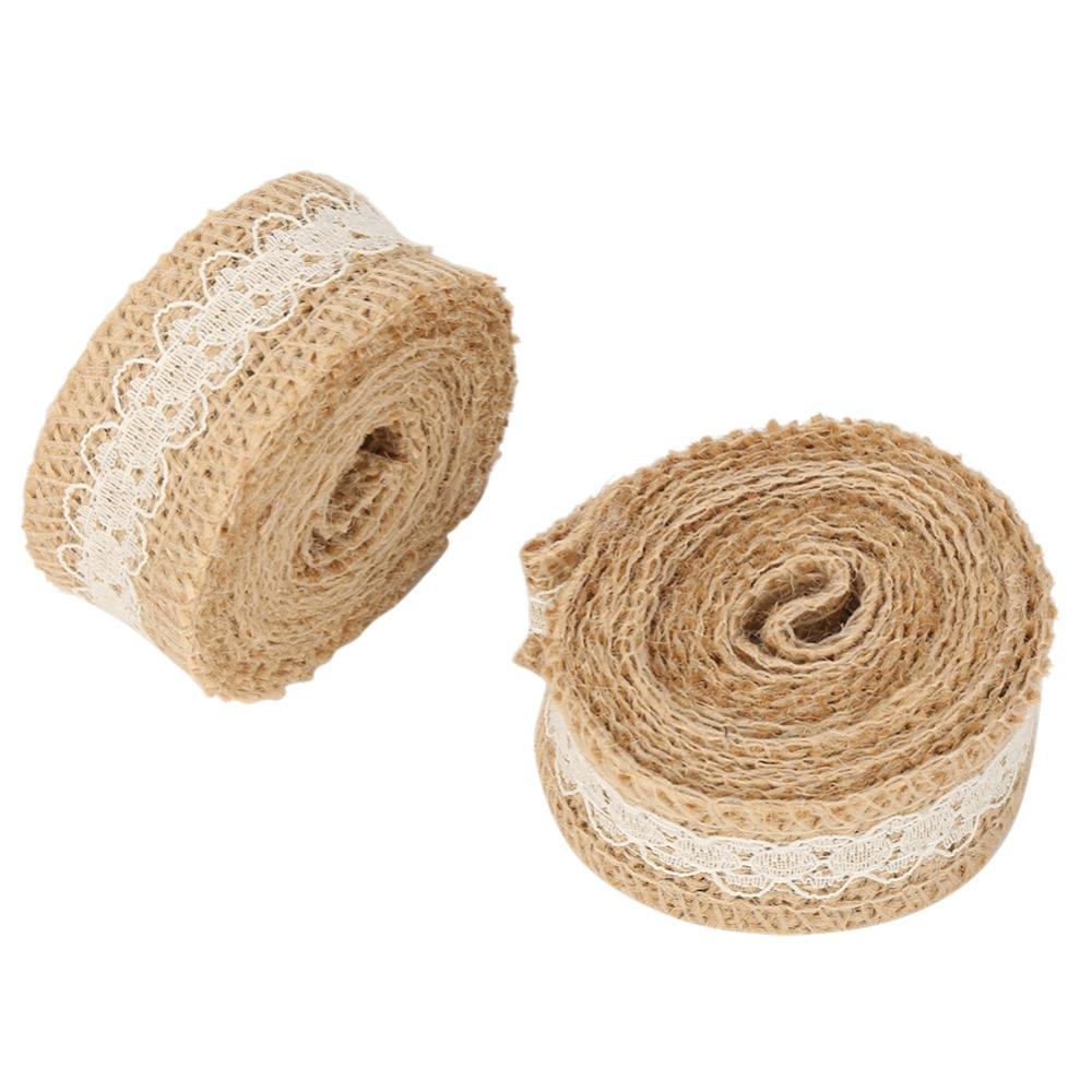 6 Stück 2M/Rolle Jutebahnen Gelbe Jute Rustikaler Stil Jute-Burlap-Band Dekoband Weiße Spitze Jute-Burlap-Spitzenband