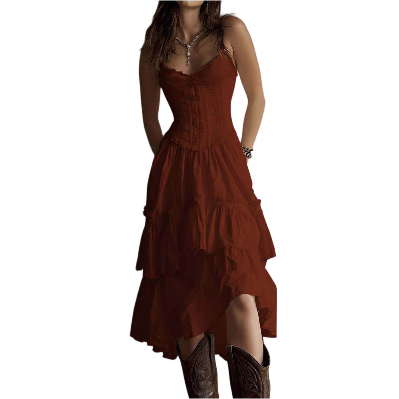 

Women’s Casual Ruffle Hem Midi Dress Sleeveless Fitted Waist Spaghetti Strap Tiered Skirt Summer Sundress for Daily Wear XL