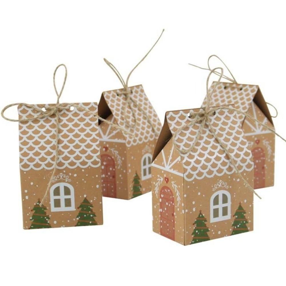 25/50/100pcs New Christmas Candy Packing Box House-shaped Kraft Paper Gift Bags Twine Closure Present Bag Holiday Decor