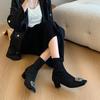Fashion Skinny Boots Women's Block Heel French Naked Boots Rhinestone Suede Square Toe Stretch Booties Skinny