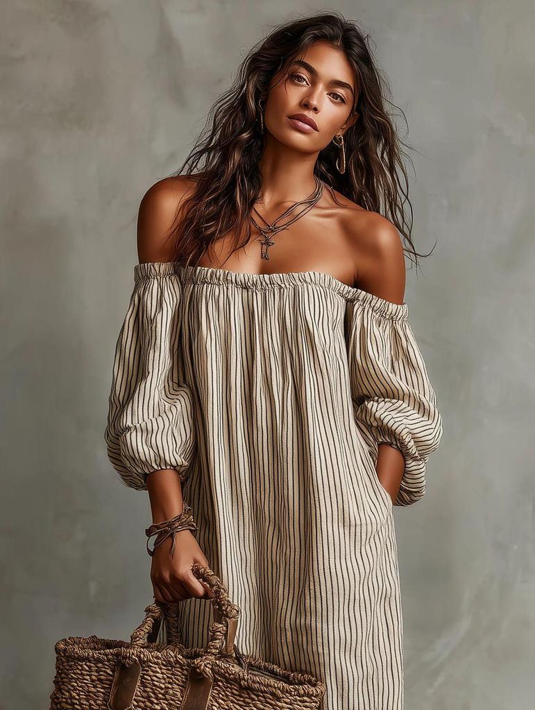 In Stock 2026: New European & American Style Women's Off-the-Shoulder Striped Dress for Spring & Summer Vacation