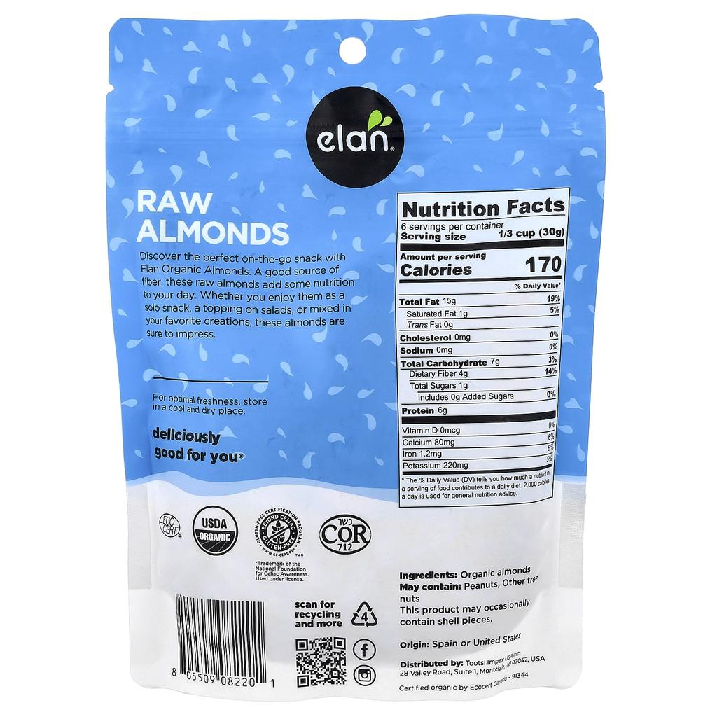 Elan, Organic Almonds, Raw, 200g (7oz)