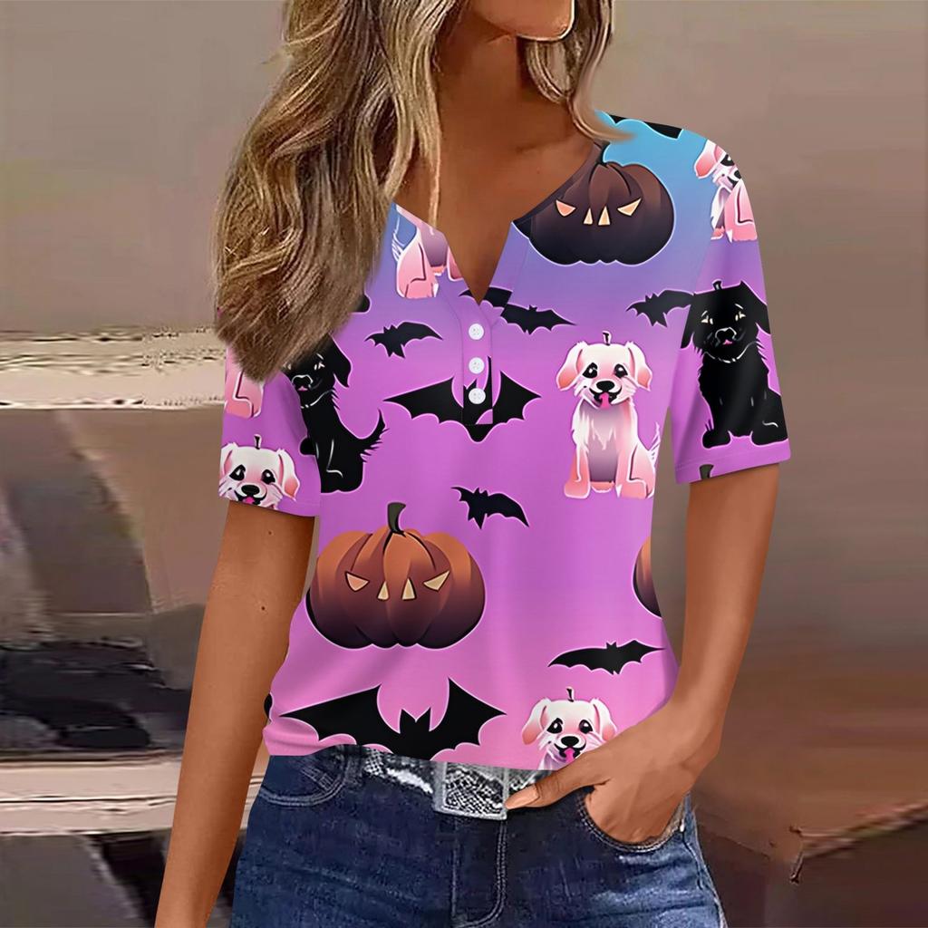 Damen T-Shirt Halloween Bedruckt Knopf Kurzarm Tunika Täglich Wochenende Mode Basic V-Ausschnitt Reguläres Oberteil