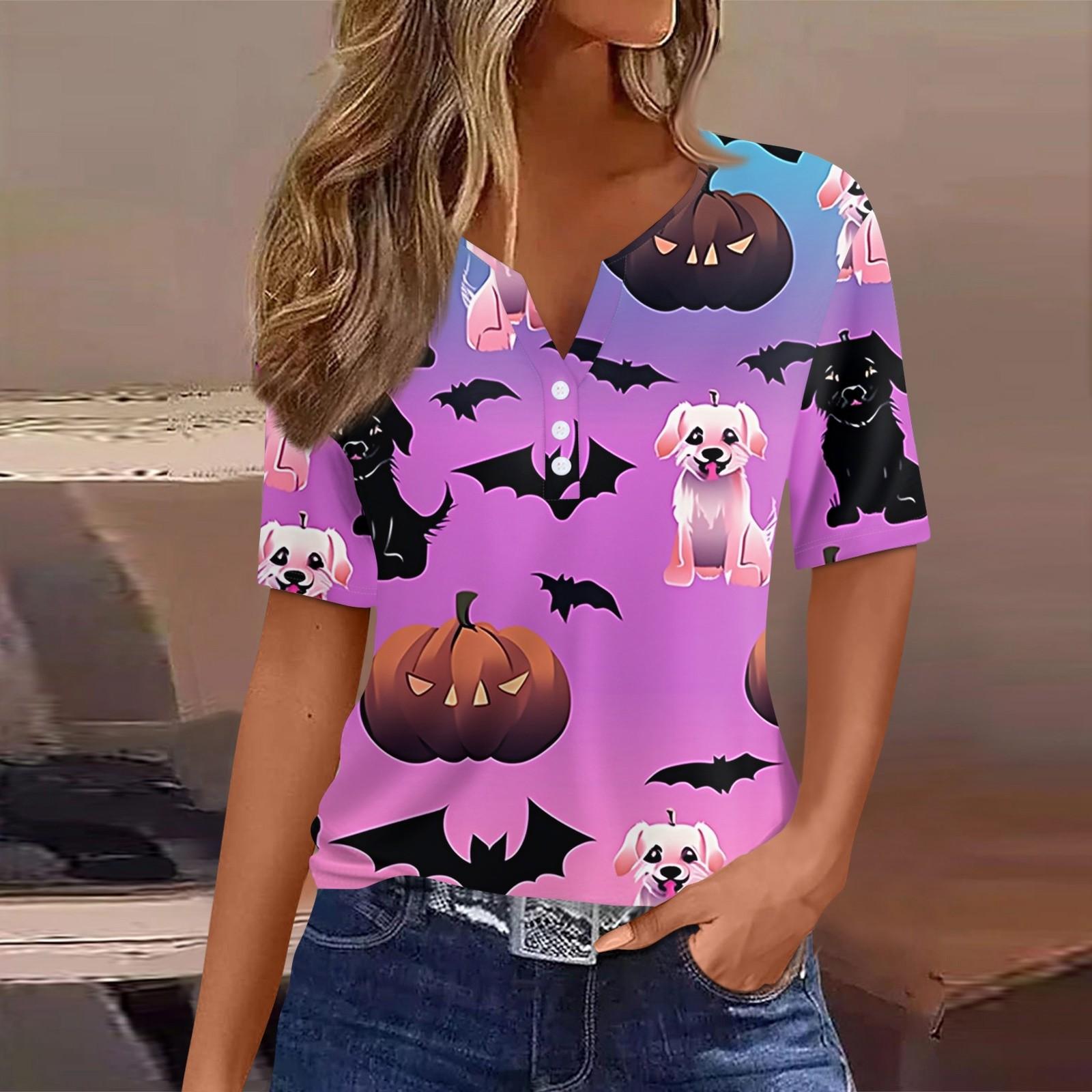 

Женская футболка Футболка Хэллоуин Принт Пуговица Короткий рукав Туника Повседневная Мода Выходного дня Базовая V-образный вырез Обычный Топ XXXL розовый