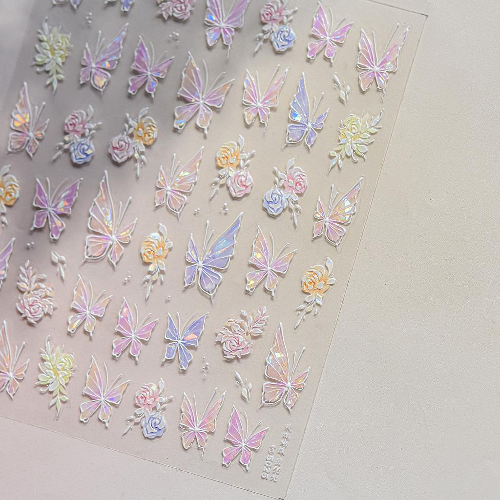 Gradient White Pink Butterfly Flower Shiny Stars Chic Spring Petal 5D Soft Adhesive Nail Art Stickers Decorations Manicure Decal