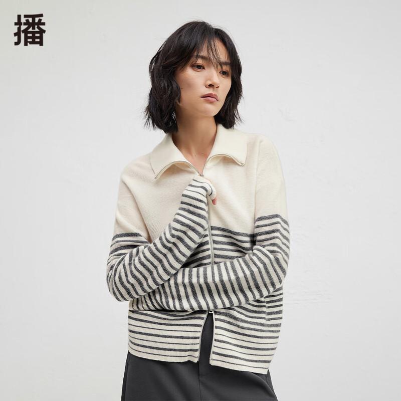 Broadcast Striped Zipper Long Sleeve Knit Cardigan