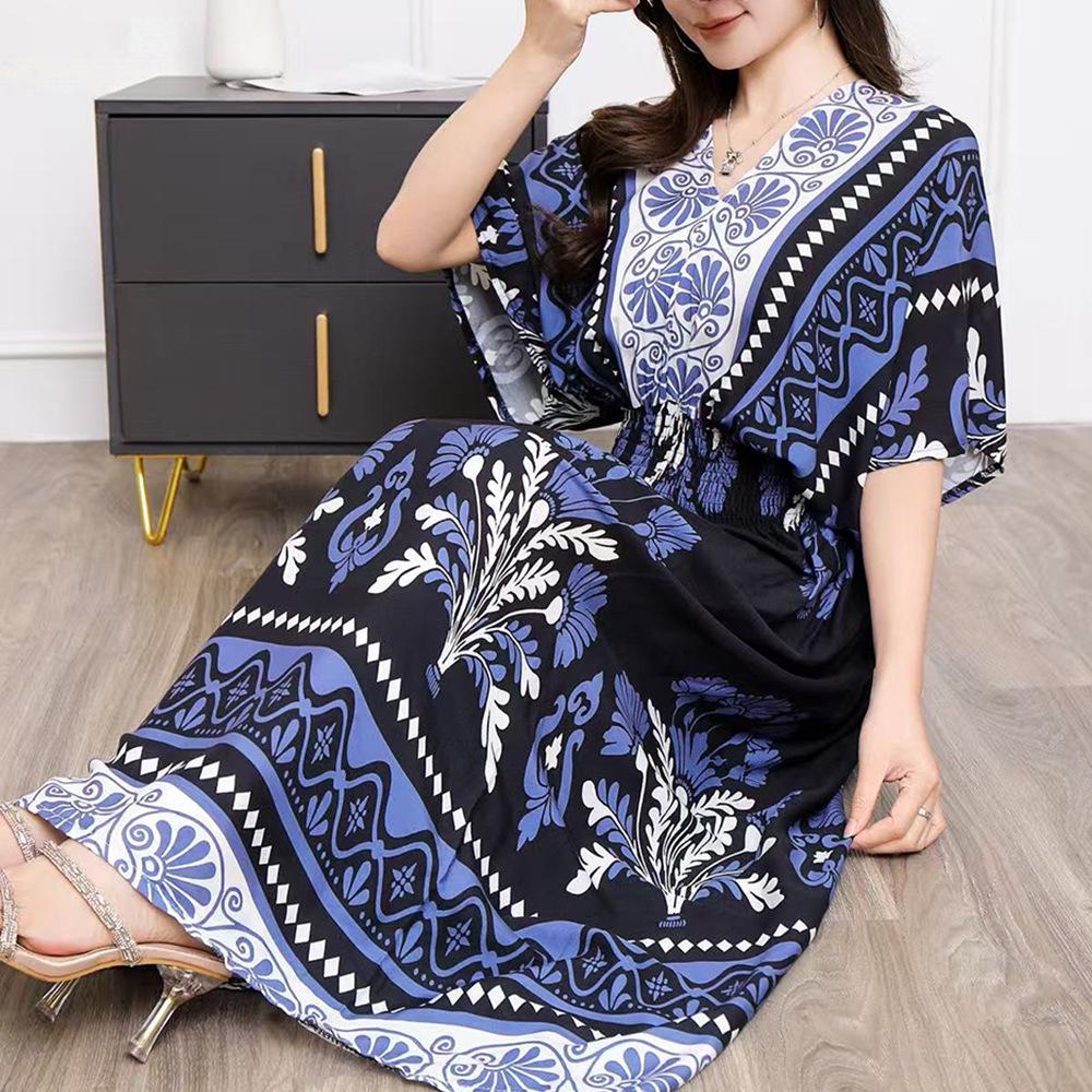 26-Year Floral V-Neck Cotton Silk Batwing Sleeve Beach Dress - Thailand Travel & Vacation Skirt Style