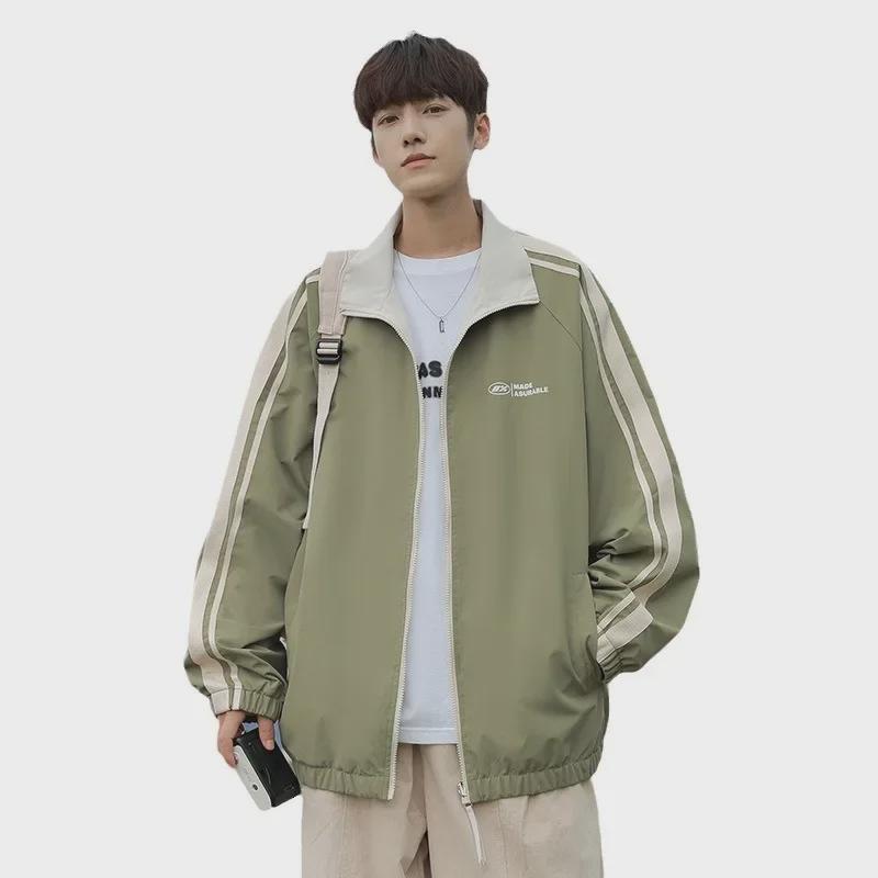 Hong Kong Style Men's Striped Two-Sided Stand-Up Collar Jacket - Casual Loose Fit for Spring and Autumn