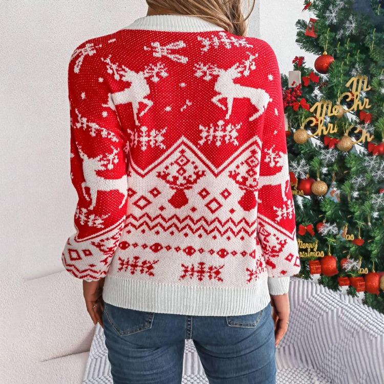 Knitwear Vintage Cardigan Print Sweater Autumn Winter Long Sleeve Loose O-Neck Top Christmas