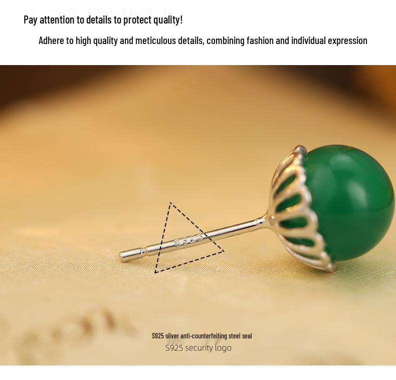 Banyan Tree S925 Silver Chinese Agate Earrings – Retro, Elegant, and Simple Design for Women