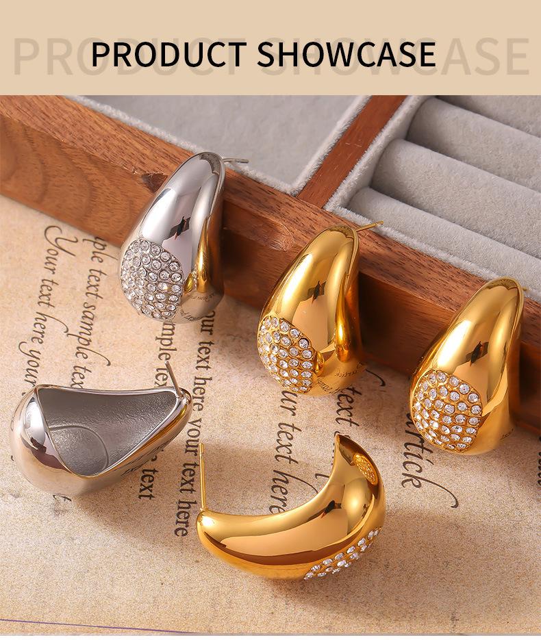 18k Gold Titanium Steel Teardrop Diamond Earrings - European & American Fashion Jewelry