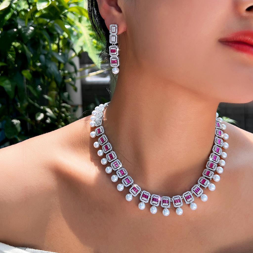 Braut Hochzeitskleid Abend Schmuckset Zirkon Perle Halskette Ohrringe Super Glänzend Zweiteilige Kette