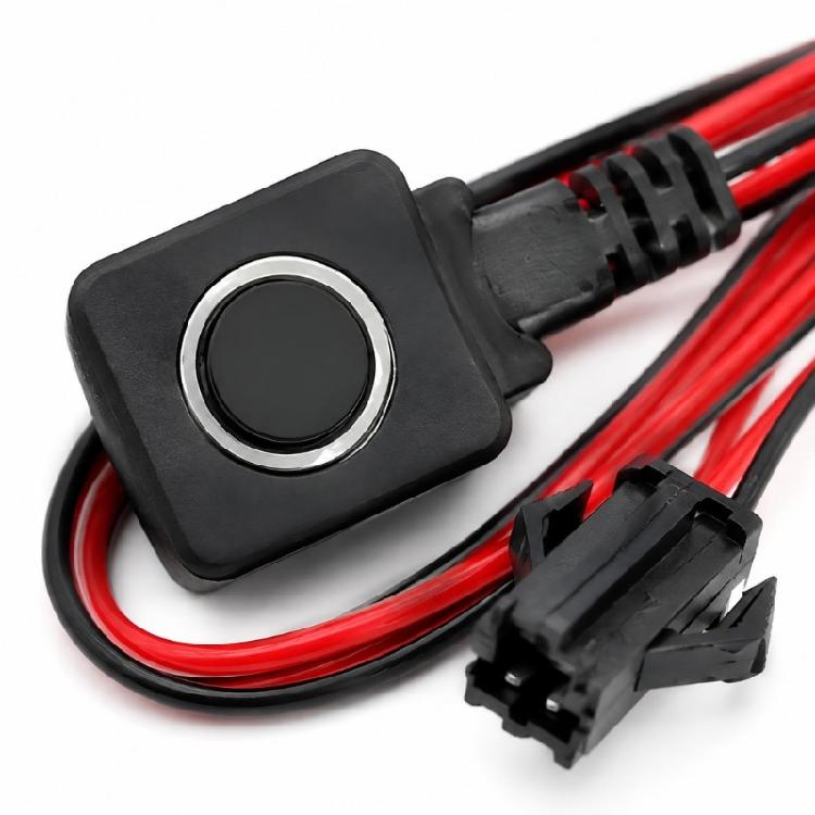 Vehicle Emergency Push Button Wiring Assembly with Round Control Button, Rectangular Housing and Coupling-to-Loose-Lead Layout for Alarm Circuits