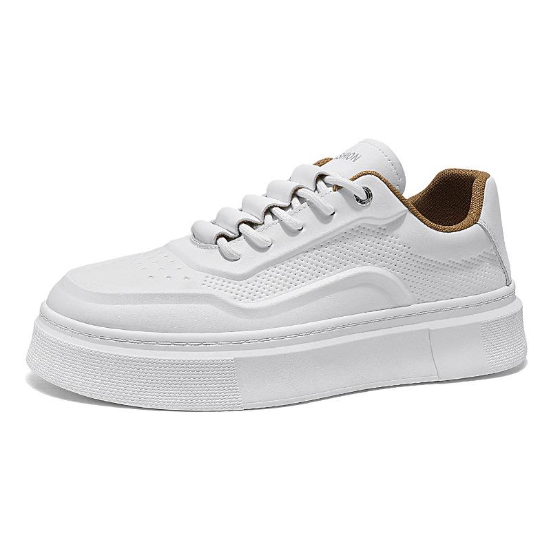 Men's Trendy Breathable White Leather Sneakers: Versatile, Thick-Soled Casual Shoes