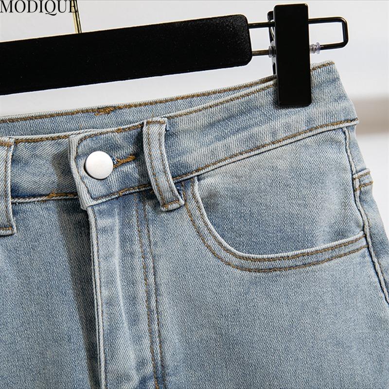 MODIQUE 2025 Neu Übergröße Sommer Damen Lässig A-Linie Hohe Taille Hüftumspielend Blau Denim Auswaschung Rock Damen Locker Basic MIDI Kleid