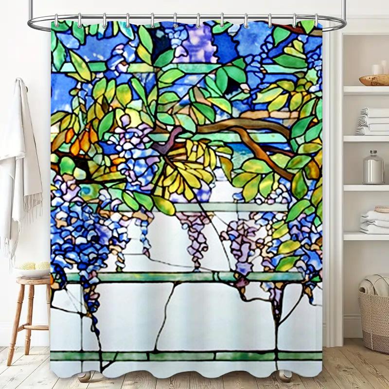 Stained Glass Shower Curtain Colorful Floral Pattern For Bathroom Decoration, Waterproof Fabric Material, Custom Size Available