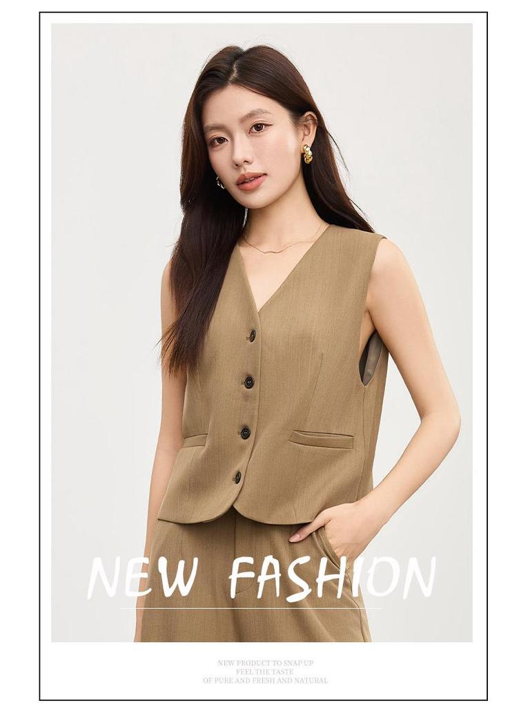 Women's Fashion Khaki V-Neck Vest Waistcoat for Spring & Autumn - Casual Professional Commute Style