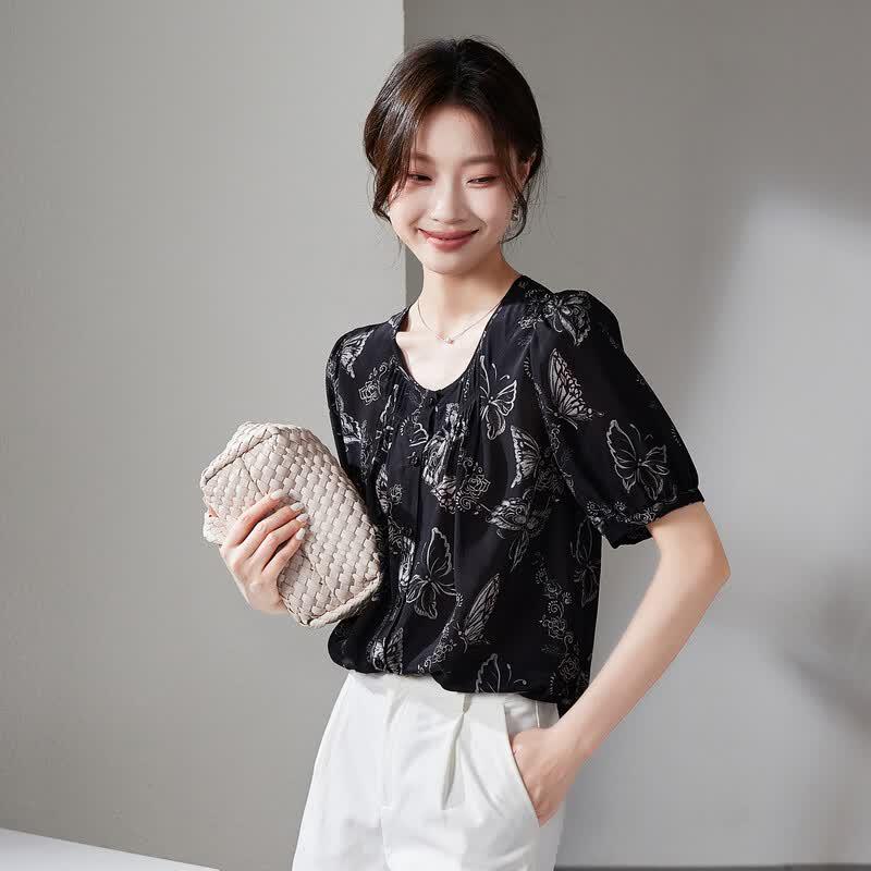 SOFSIL Women s Printed Puff Sleeve Silk Blouse S